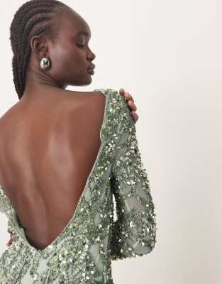 Arrange Embellished Floral Cutwork Open Back Mini Dress In Green