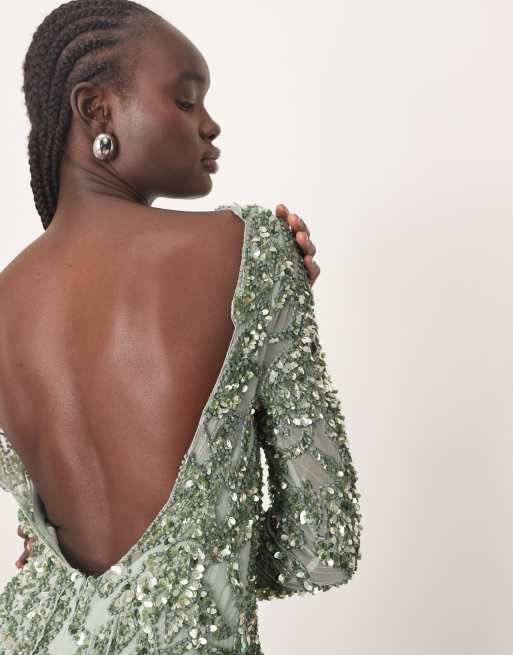 ARRANGE embellished floral cutwork open back mini dress in green