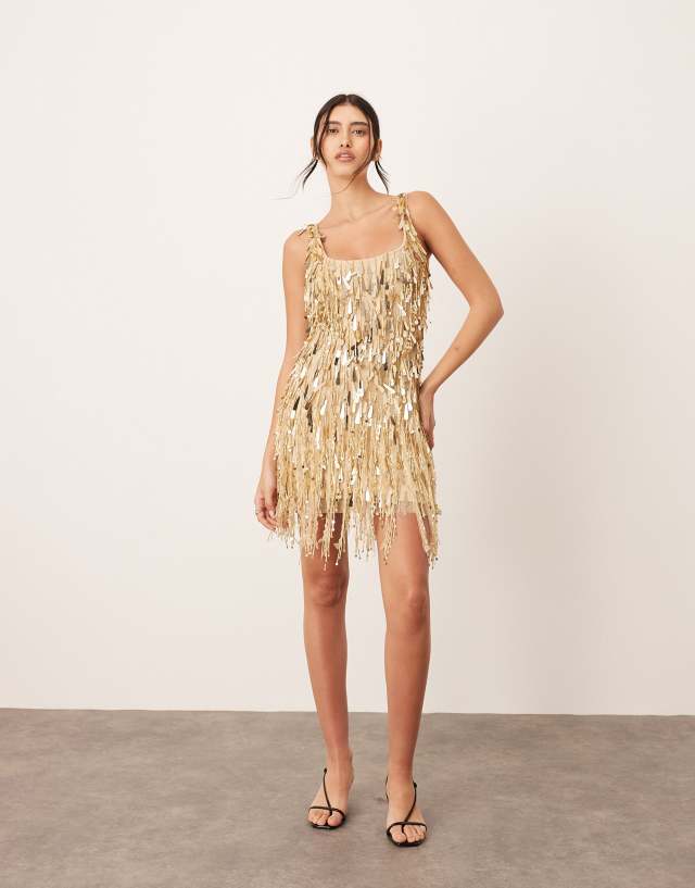 gold fringe dress amazon ARRANGE embellished hem scoop neck mini in gatsby fringe dress