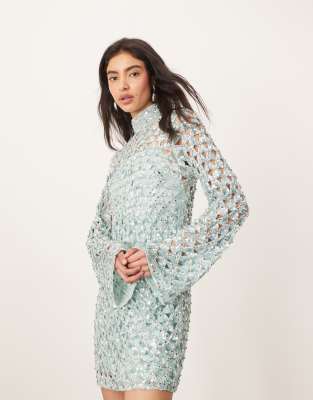 Arrange Embellished Geo Cut Work Long Sleeve Mini Dress