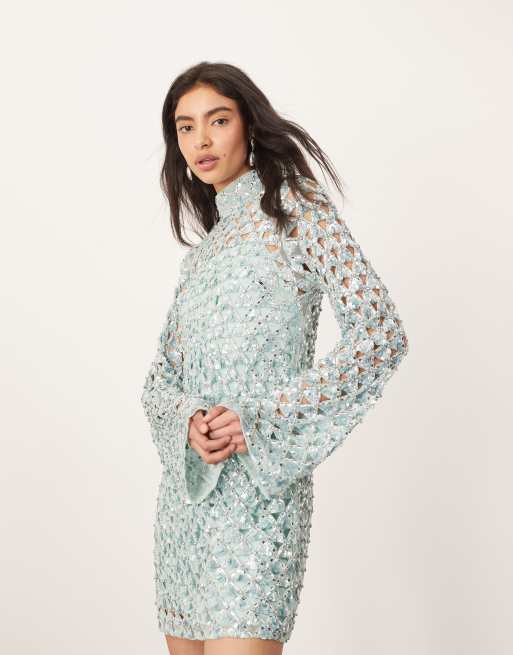 ARRANGE embellished geo cut work long sleeve mini dress in light blue
