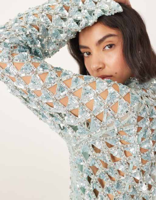 ARRANGE embellished geo cutwork long sleeve mini dress in light blue, 4 of 4