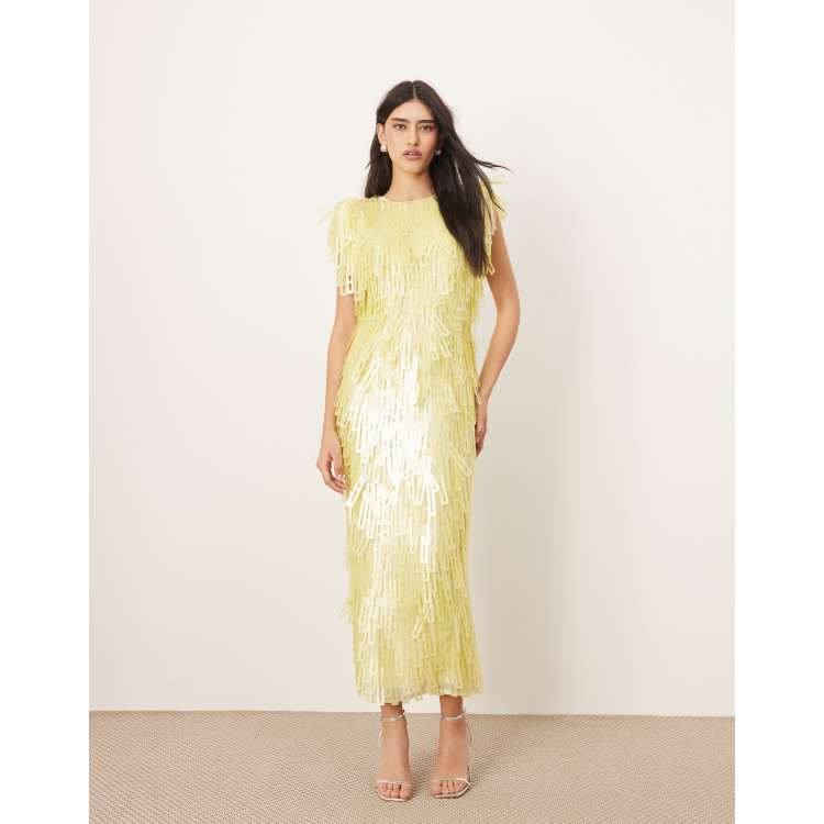 ARRANGE embellished geo sequin shoulder pad midi dress in lemon | ASOS