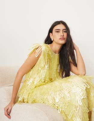 Arrange Embellished Geo Sequin Shoulder Pad Midi Dress In Yellow