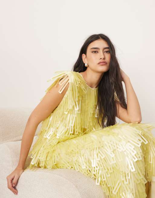 ARRANGE embellished geo sequin shoulder pad midi dress in lemon