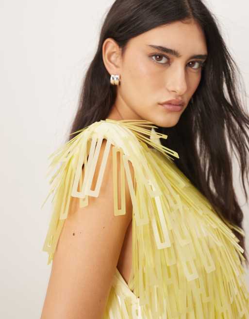 arrange yellow sequin dress ARRANGE embellished geo sequin shoulder pad midi dress in lemon
