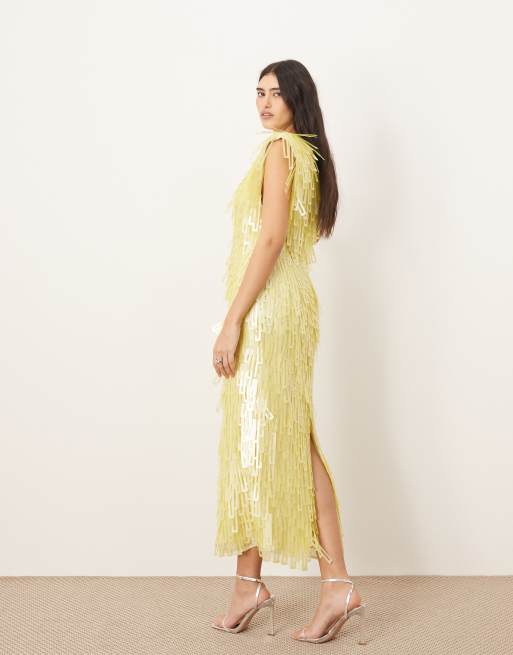ARRANGE embellished geo sequin shoulder pad midi dress in lemon