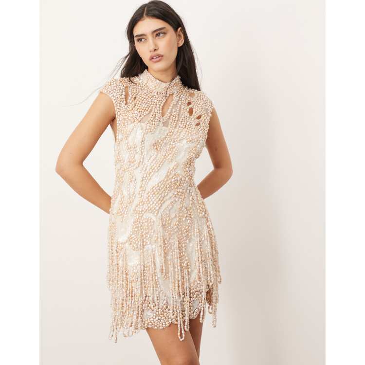 ARRANGE embellished high neck cap sleeve pearl fringe mini dress in white |  ASOS