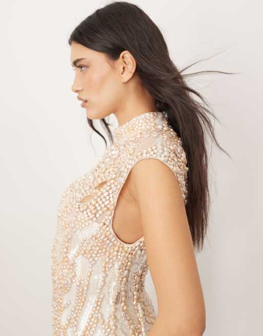ARRANGE embellished high neck cap sleeve pearl fringe mini dress in white