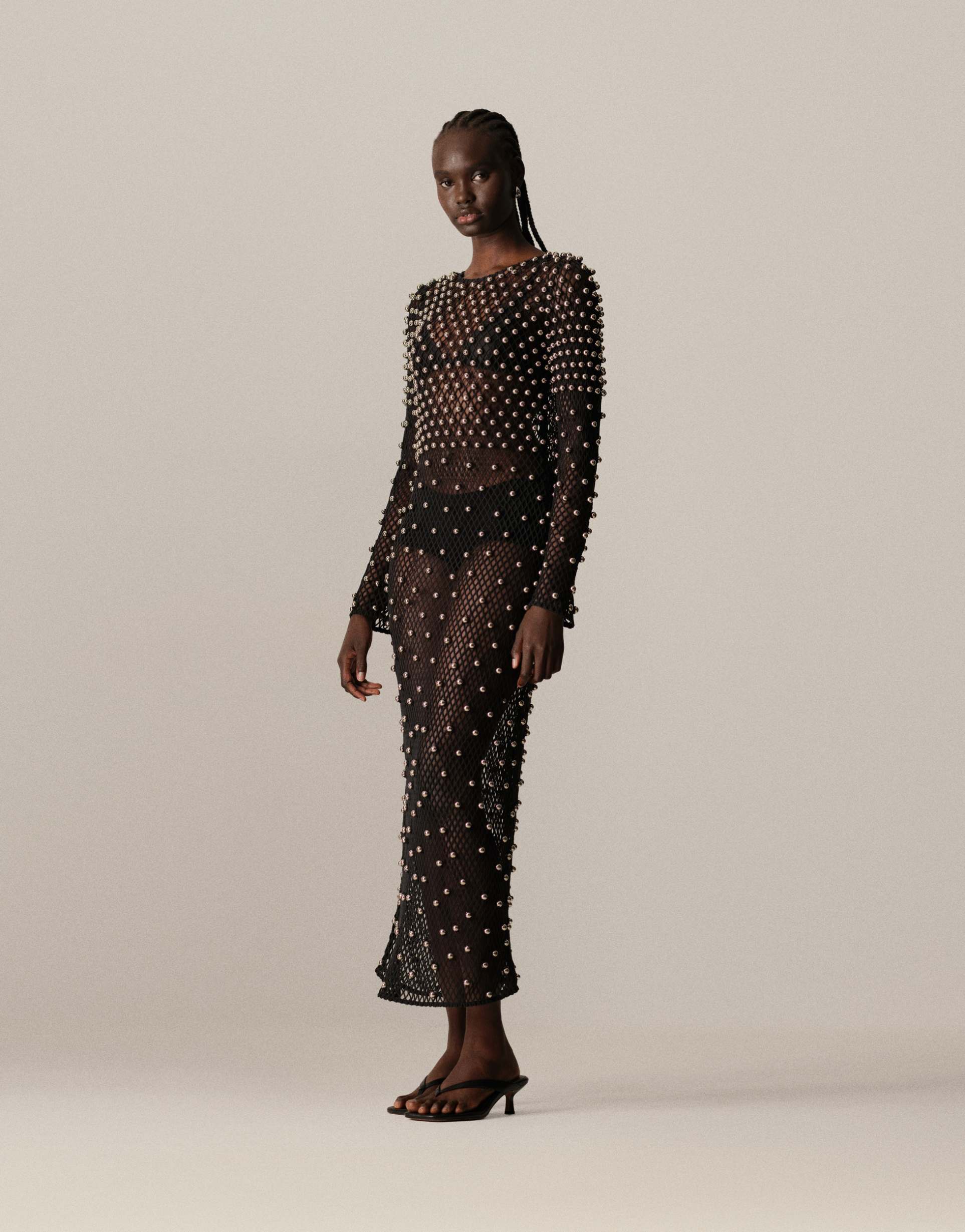 arrange embellished mesh long sleeve maxi dress in black