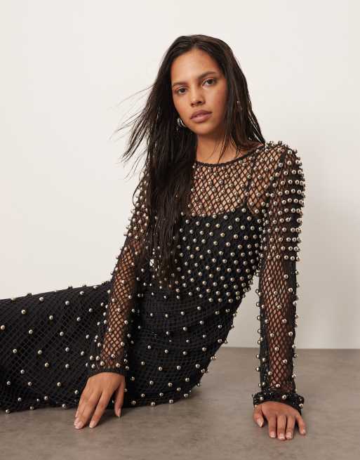 ARRANGE embellished mesh long sleeve maxi dress in black