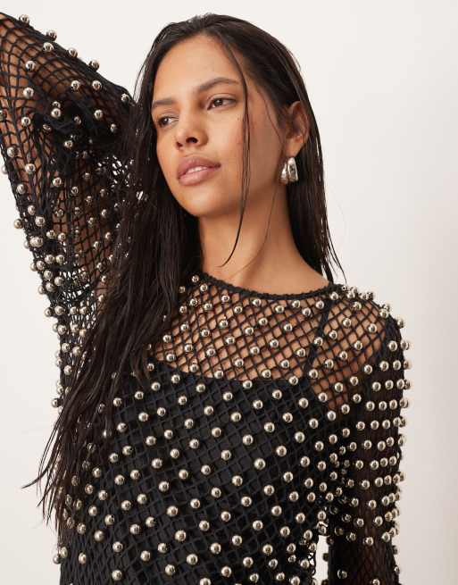 ARRANGE embellished mesh long sleeve maxi dress in black