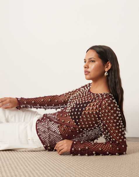 ARRANGE embellished mesh long sleeve top in dusky pink - view 1