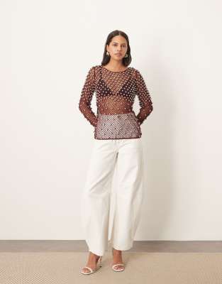 Arrange Embellished Mesh Long Sleeve Top