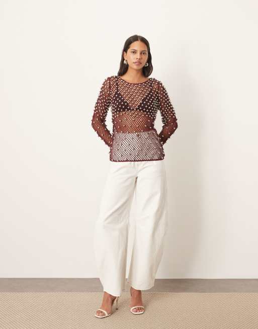 ARRANGE embellished mesh long sleeve top in dusky pink, 2 of 4