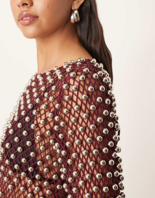 ARRANGE embellished mesh long sleeve top in dusky pink, 3 of 4