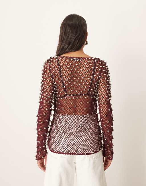 ARRANGE embellished mesh long sleeve top in dusky pink, 4 of 4