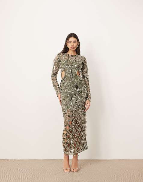 ARRANGE embellished metal look cage cut work maxi dress in dark green