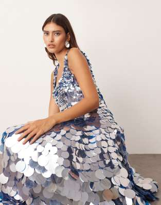 Arrange Embellished Paillette Sequin Square Neck Full Skirt Midi Dress In Blue