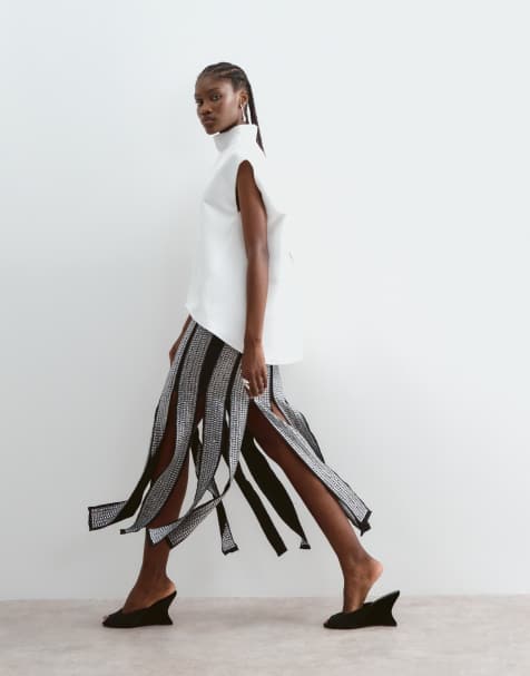 ARRANGE embellished panelled fringe hem midi skirt in black - view 1