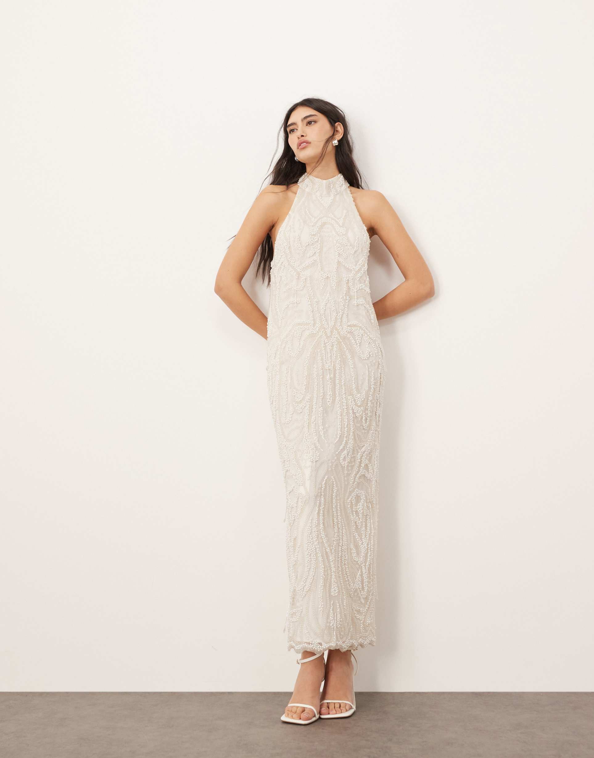 arrange embellished pearl crystal halter column maxi dress in white