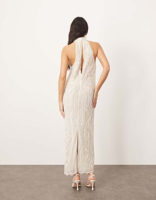 ARRANGE embellished pearl crystal halter column maxi dress in white