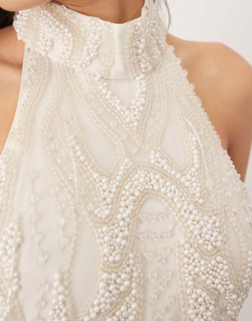 ARRANGE embellished pearl crystal halter column maxi dress in white