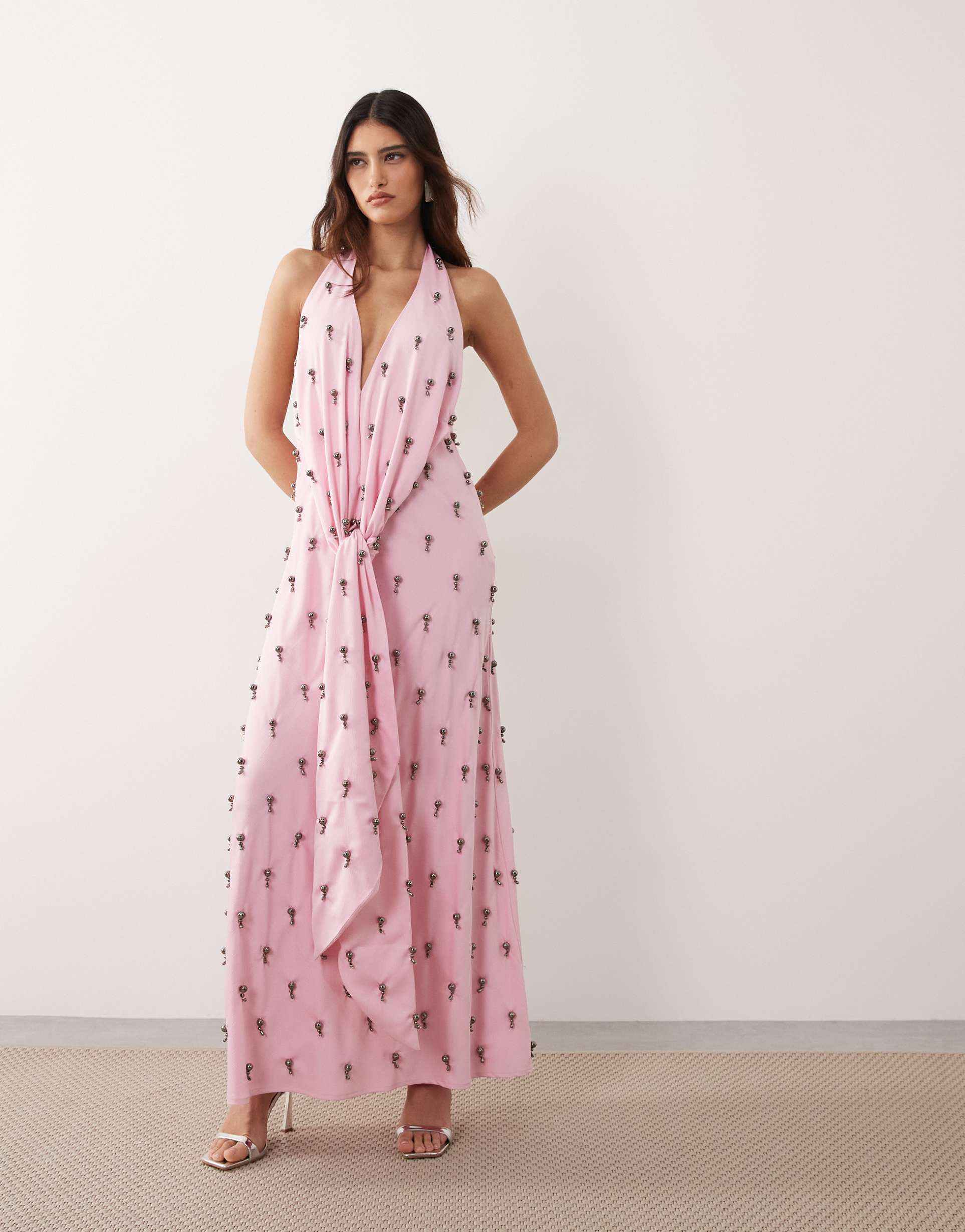 arrange embellished plunge tie halter maxi dress in pink