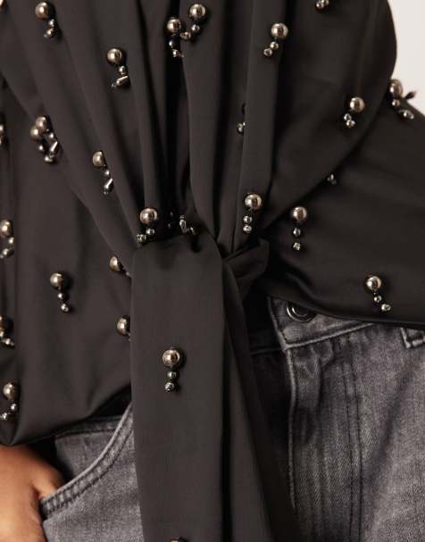 ARRANGE embellished plunge tie halter top in black - view 1