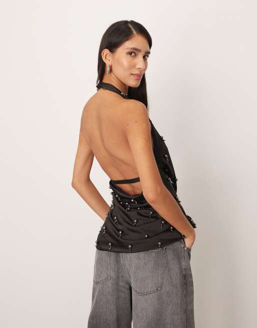 ARRANGE embellished plunge tie halter top in black