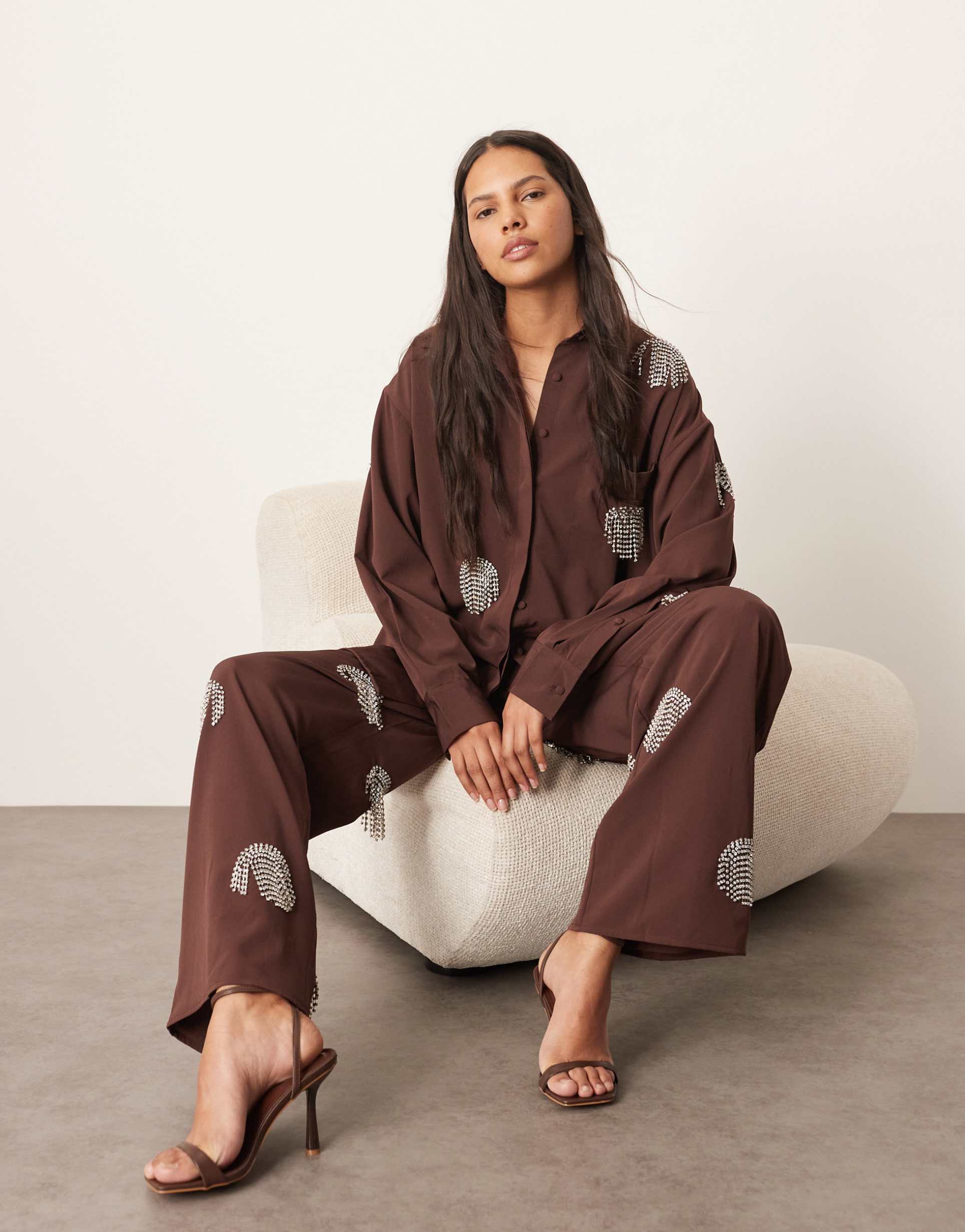 arrange embellished rhinestone fringe polka dot oversized shirt in chocolate - part of a set
