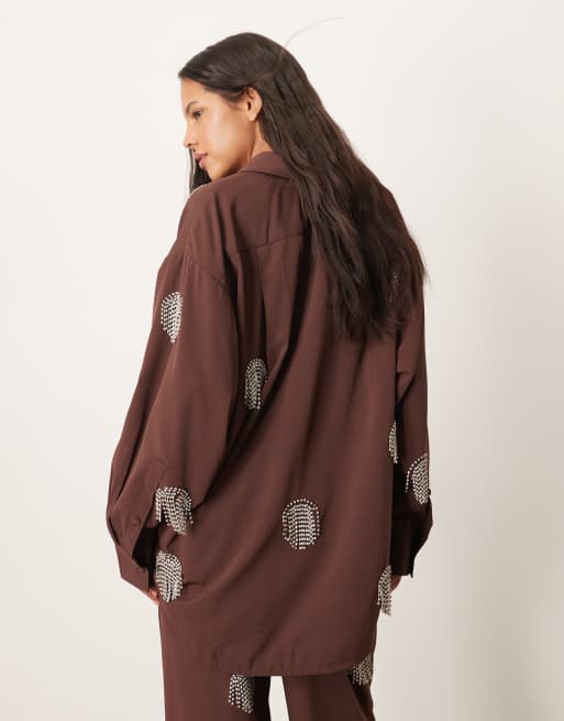 ARRANGE embellished rhinestone fringe polka dot oversized shirt in chocolate - part of a set