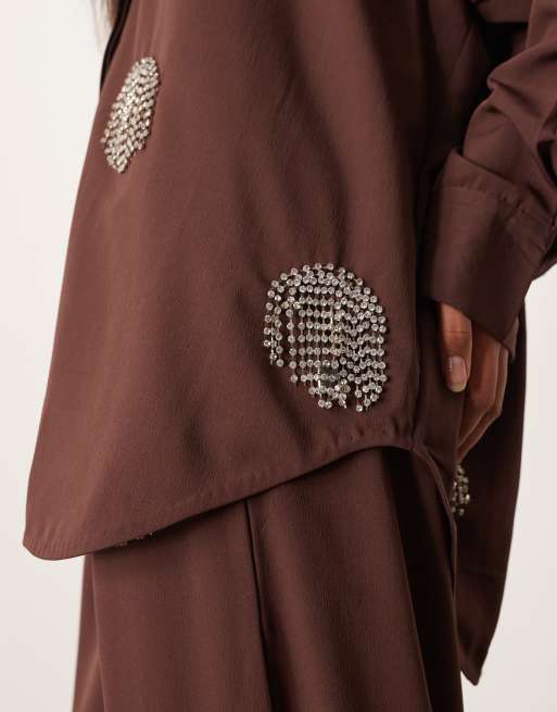 ARRANGE embellished rhinestone fringe polka dot oversized shirt in chocolate - part of a set