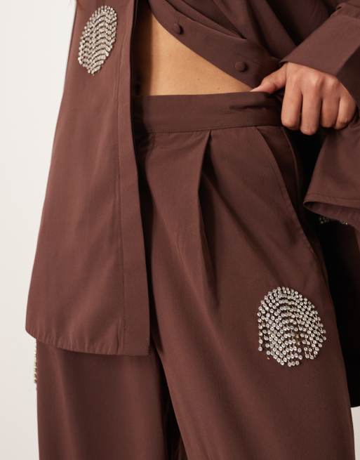 ARRANGE embellished rhinestone fringe polka dot wide leg pants in chocolate - part of a set