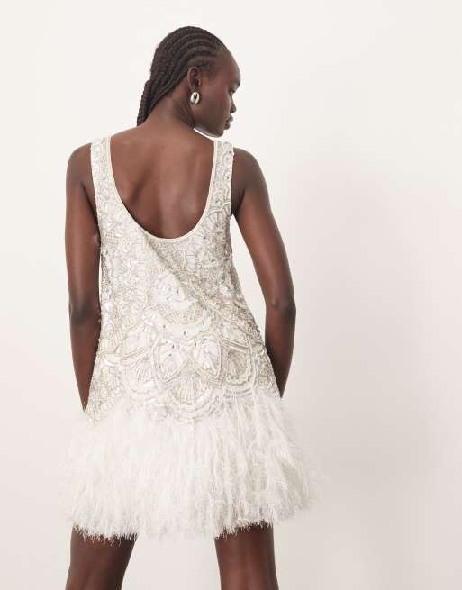 ARRANGE embellished scoop neck mini dress with faux feather hem in ivory
