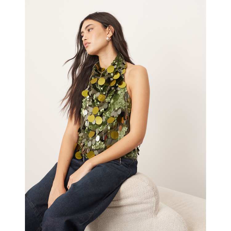 ARRANGE embellished sequin and fringe halter cowl neck top in dark