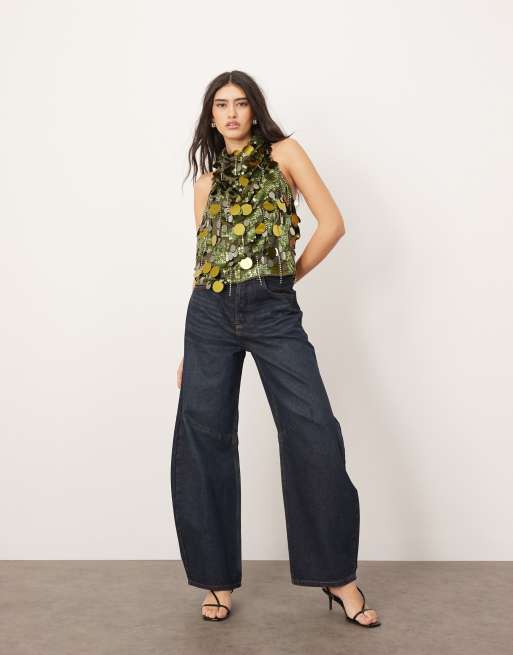 ARRANGE embellished sequin and fringe halter cowl neck top in dark