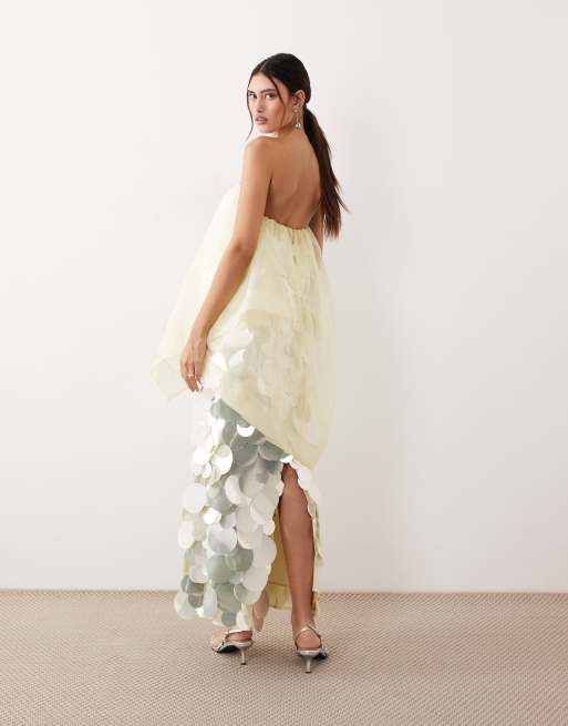 ARRANGE embellished sequin bandeau maxi dress with overlayer in buttermilk, 4 of 4