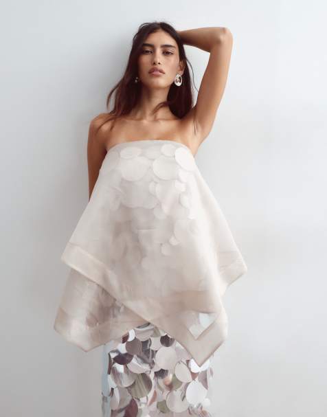 ARRANGE embellished sequin bandeau maxi dress with overlayer in silver - view 1