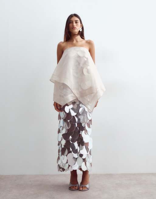 ARRANGE embellished sequin bandeau maxi dress with overlayer in silver, 2 of 5