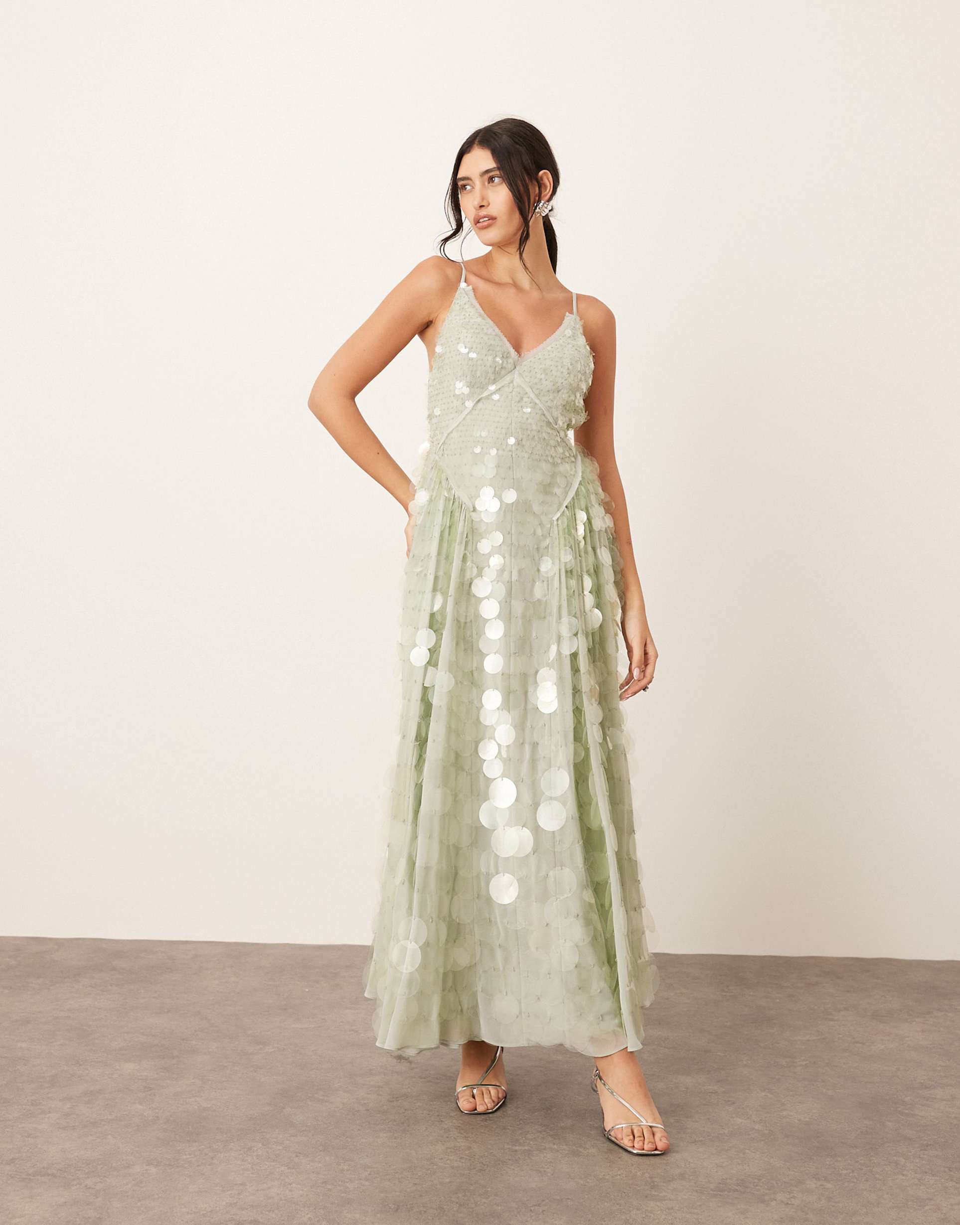 arrange embellished sequin cami midi dress with full skirt in seafoam green
