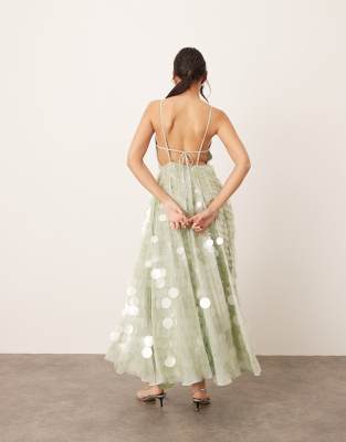 ARRANGE embellished sequin cami midi dress with full skirt in seafoam green
