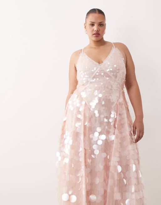 ARRANGE embellished sequin cami midi dress with full skirt in soft pink, 2 of 4