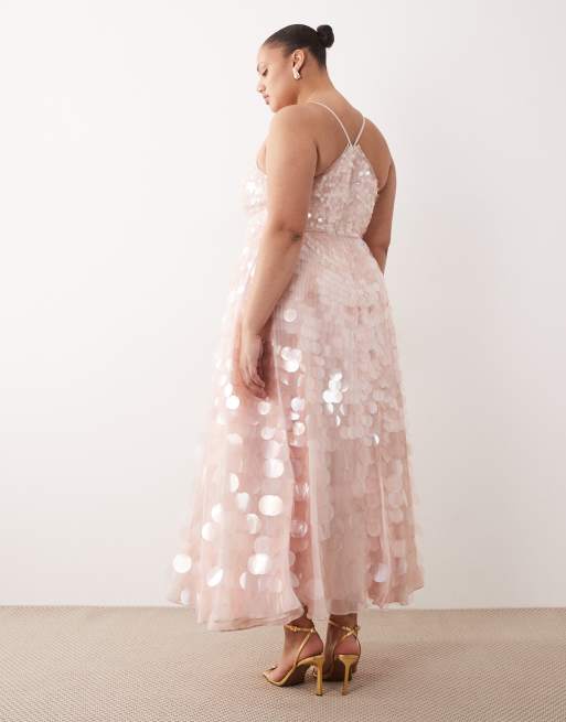 ARRANGE embellished sequin cami midi dress with full skirt in soft pink, 4 of 4