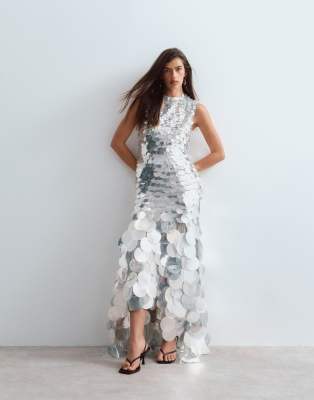 Arrange Embellished Sequin High Neck Maxi Dress In Silver