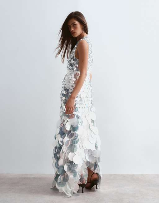 ARRANGE embellished sequin high neck maxi dress in silver, 4 of 4