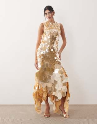 Arrange Embellished Sequined High Neck Maxi Dress In Gold