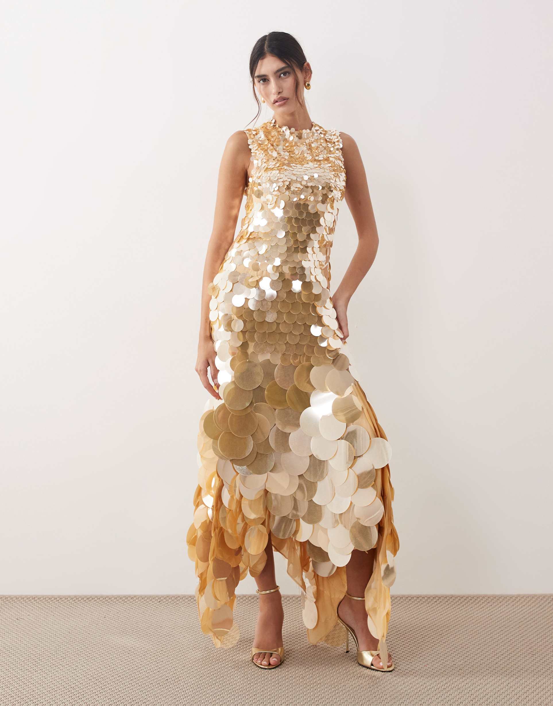 arrange embellished sequined high neck maxi dress in gold