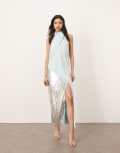 [ARRANGE] ARRANGE embellished shard panel halterneck maxi dress in light blue 6 Light Blue
