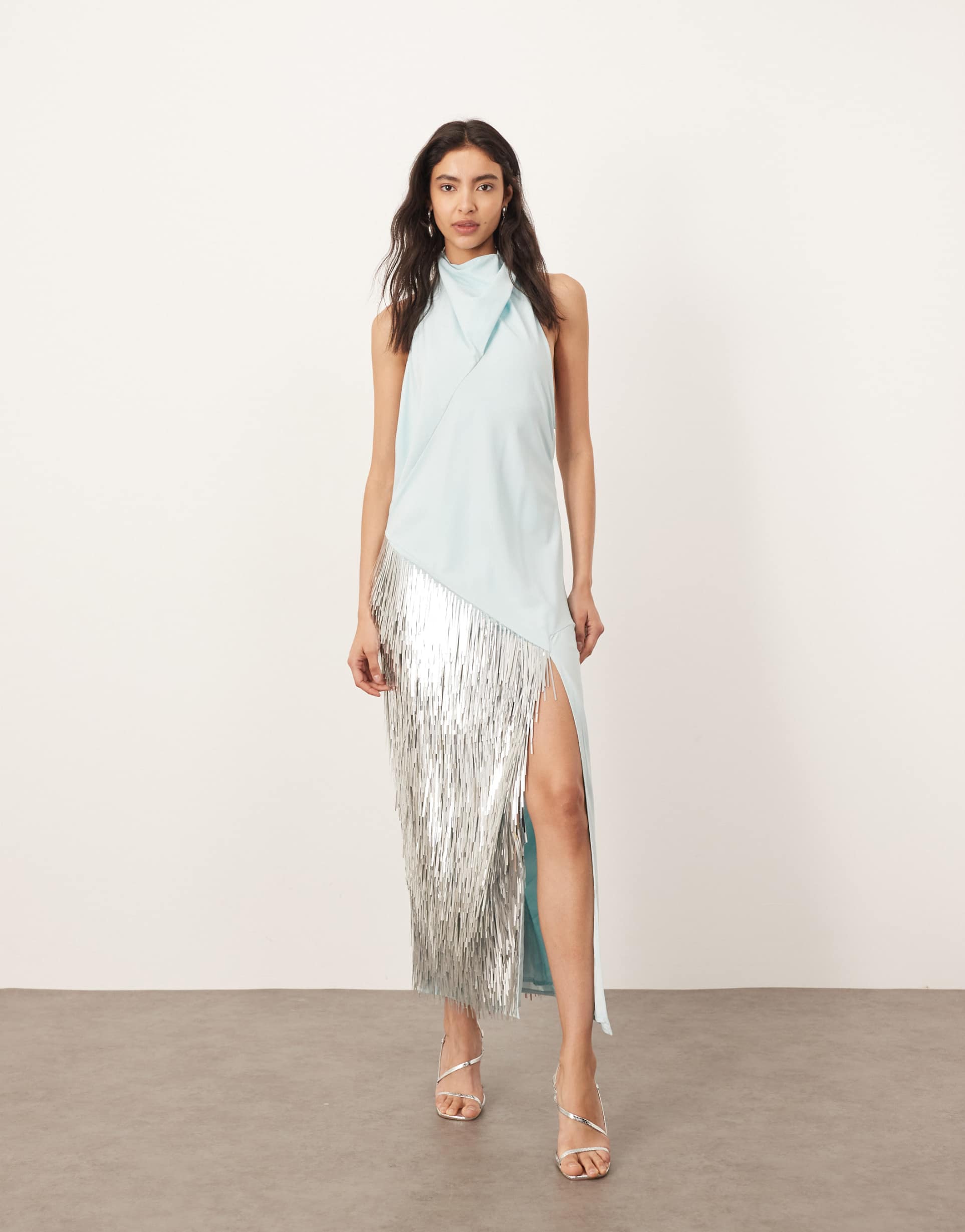 arrange embellished shard panel halterneck maxi dress in light blue